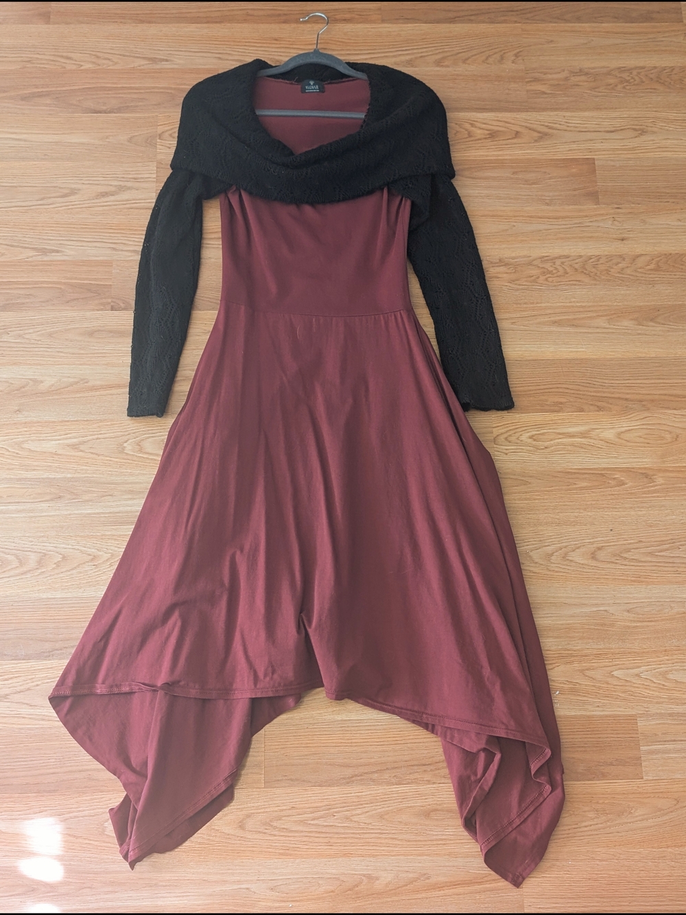 Yggdrazil Black Knit Cowl Burgundy Asymmetrical Hem Dress